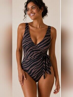 SUMMERSALT The Wrap One-Piece Swim Suit In Brown/black Modern Zebra. Size 6